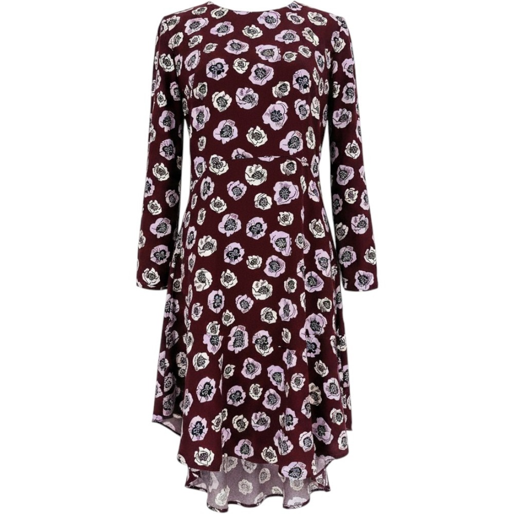 Ann Taylor LOFT Dress Women 4 Burgundy Floral Poppy Long Sleeve Fit Flare Casual